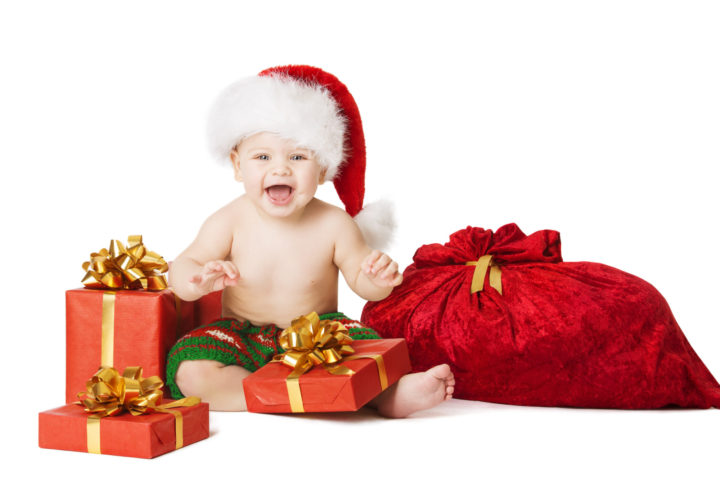 Christmas Baby Kids, Child With Present Gift Box, Santa Bag